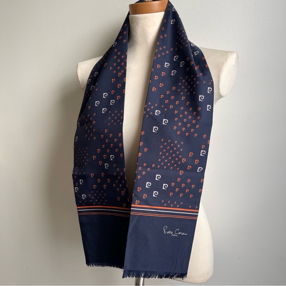 NOS Vintage Pierre Cardin Paris Navy Blue Orange Logo Print Long Scarf 6 x 54 - Picture 2 of 5